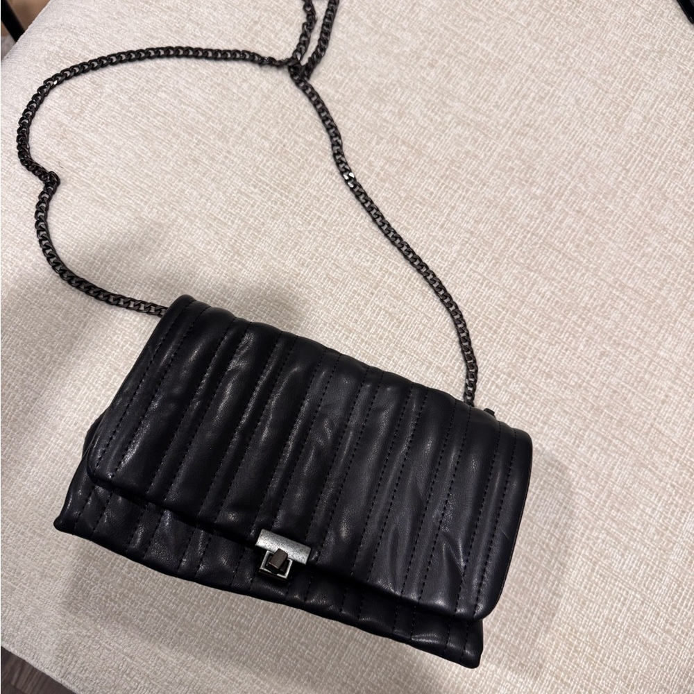 Black Crossbody Bag with Quilted Texture and Chain Strap